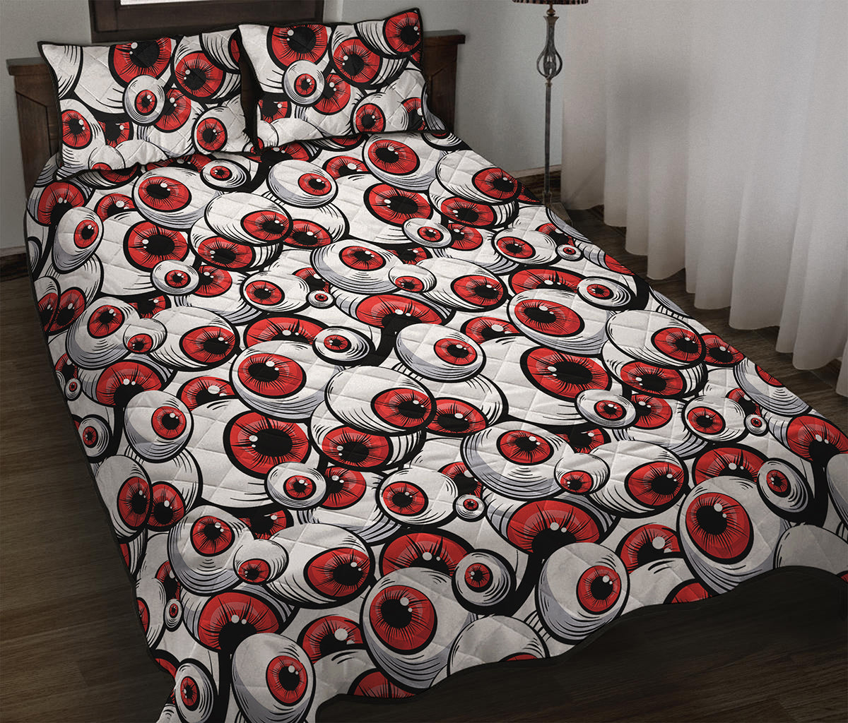 Scary Red Eyeball Pattern Print Quilt Bed Set