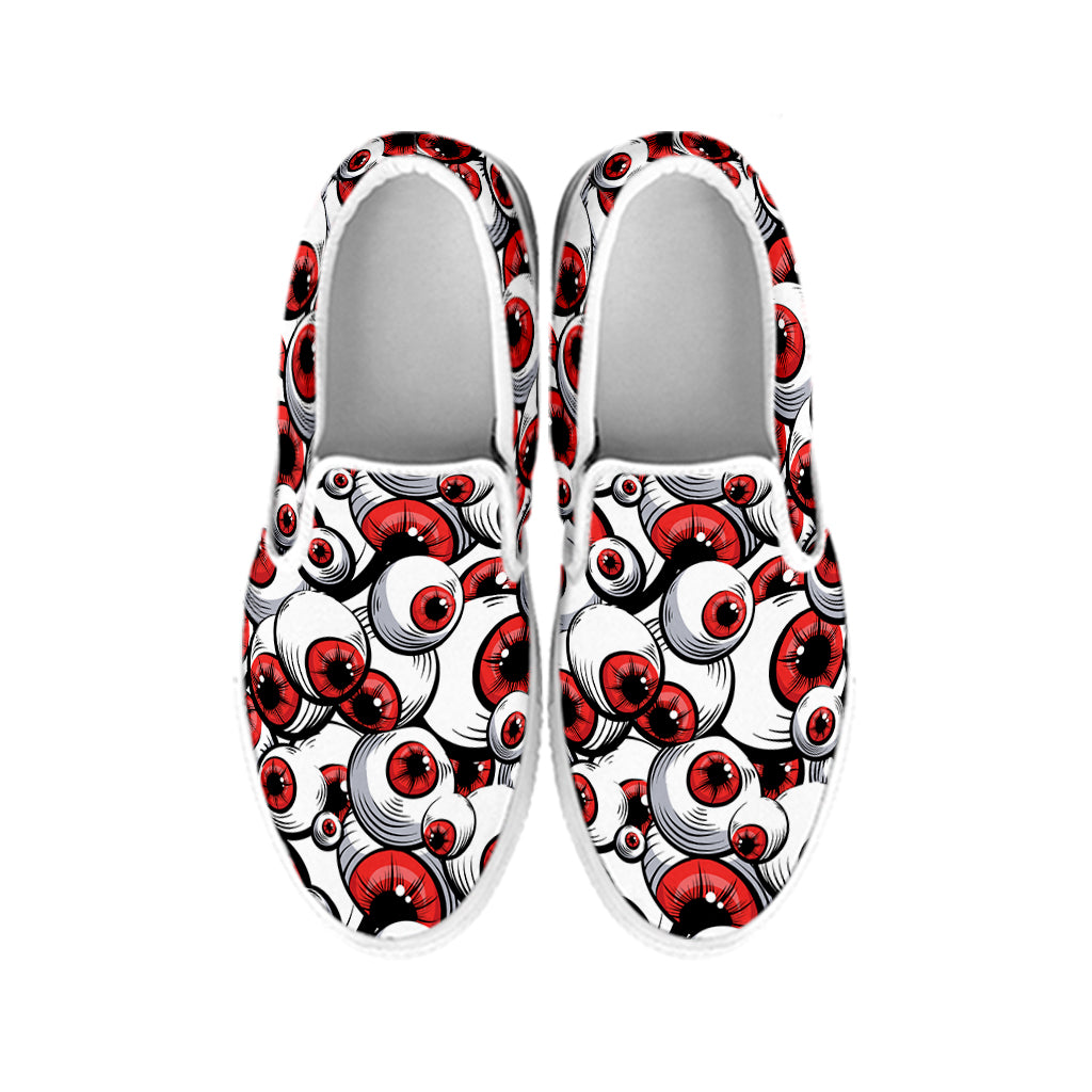 Scary Red Eyeball Pattern Print White Slip On Shoes