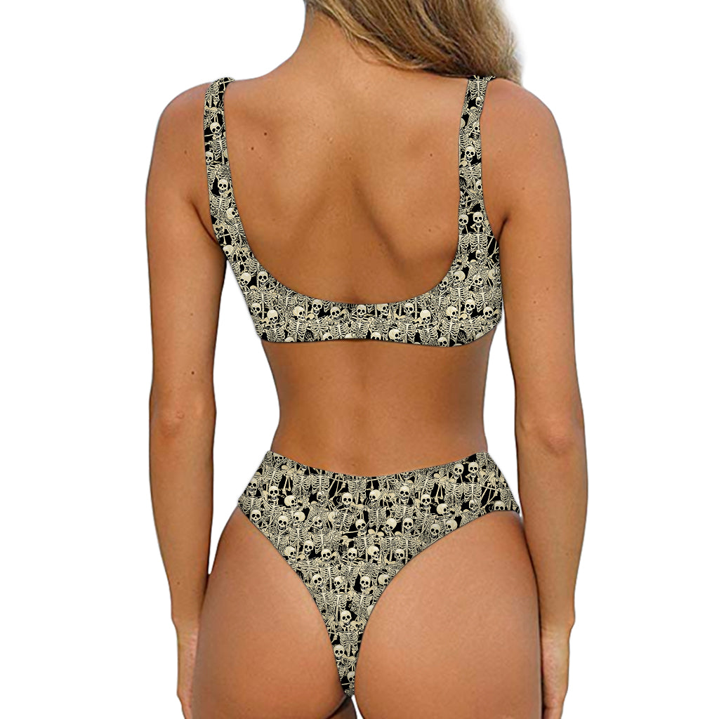 Scary Skeleton Pattern Print Front Bow Tie Bikini