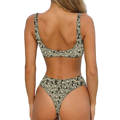 Scary Skeleton Pattern Print Front Bow Tie Bikini
