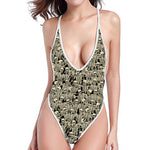 Scary Skeleton Pattern Print One Piece High Cut Swimsuit