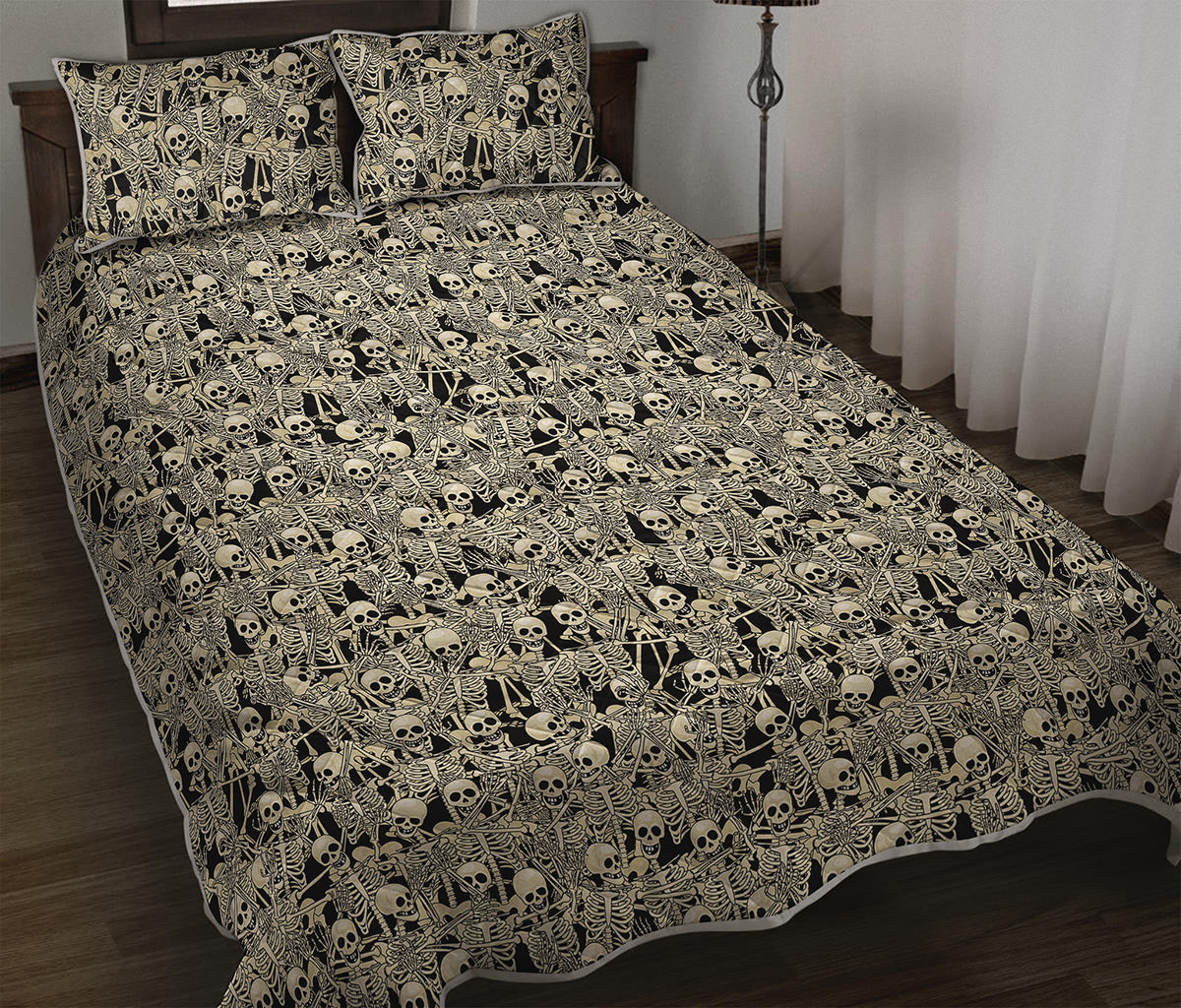 Scary Skeleton Pattern Print Quilt Bed Set