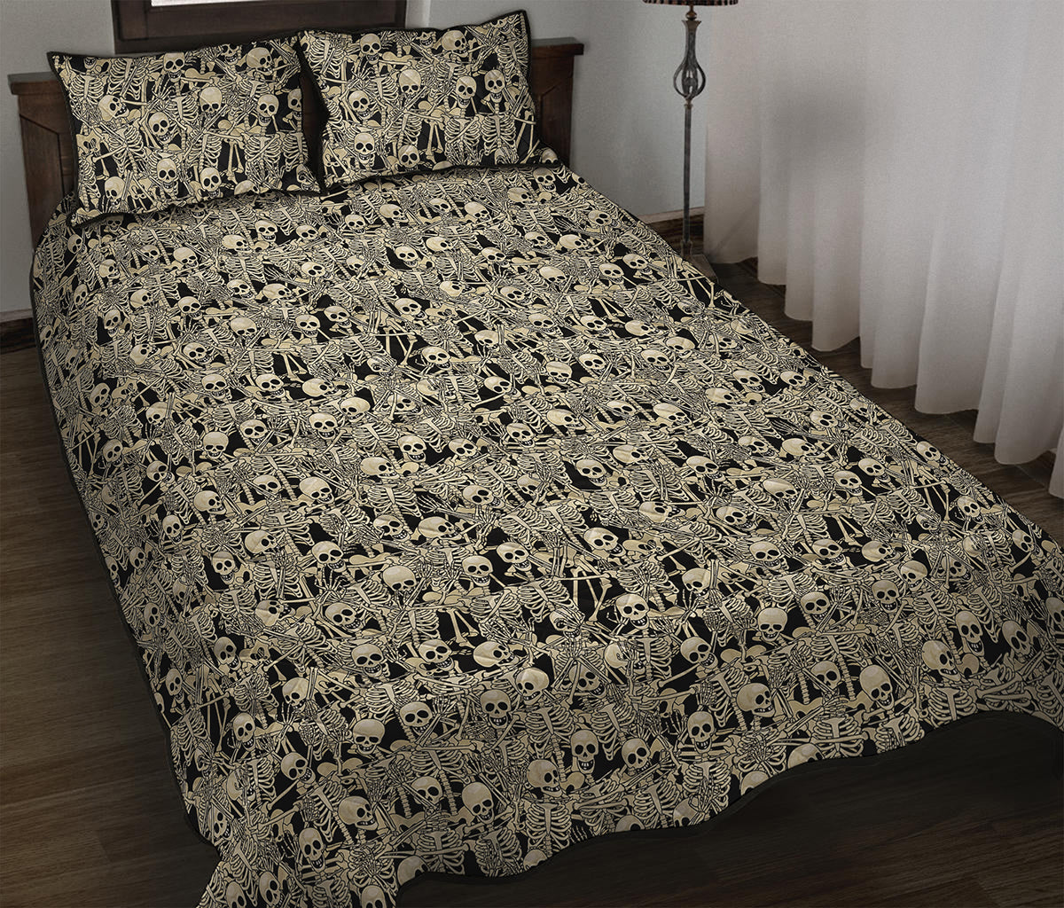 Scary Skeleton Pattern Print Quilt Bed Set