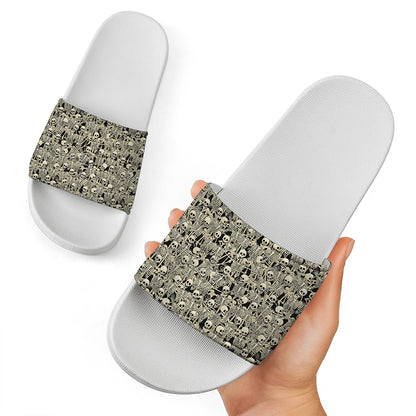 Scary Skeleton Pattern Print White Slide Sandals