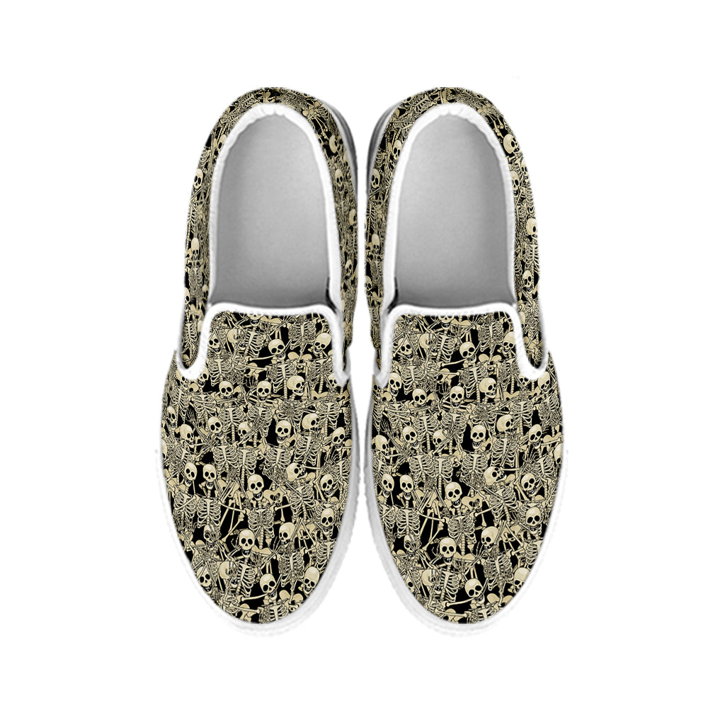 Scary Skeleton Pattern Print White Slip On Shoes