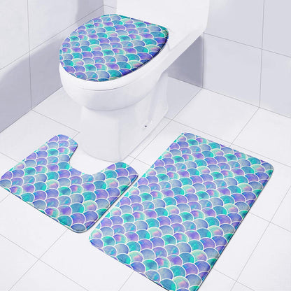 Sea Blue Mermaid Scales Pattern Print 3 Piece Bath Mat Set