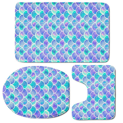 Sea Blue Mermaid Scales Pattern Print 3 Piece Bath Mat Set