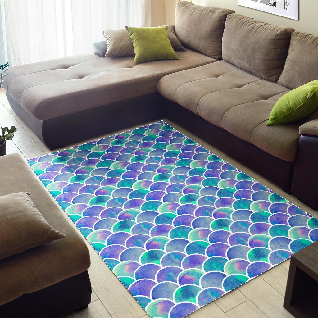 Sea Blue Mermaid Scales Pattern Print Area Rug GearFrost