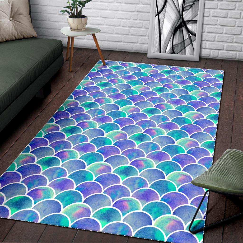 Sea Blue Mermaid Scales Pattern Print Area Rug GearFrost