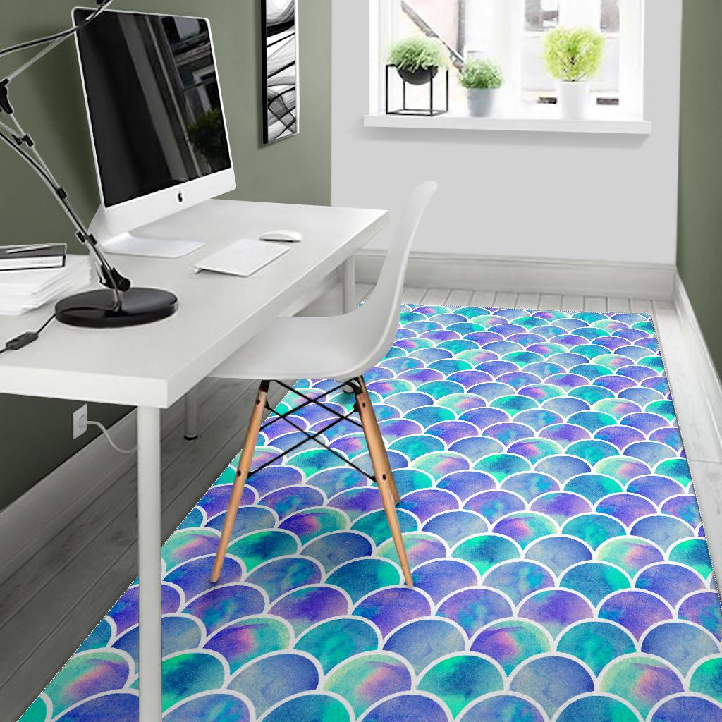 Sea Blue Mermaid Scales Pattern Print Area Rug GearFrost