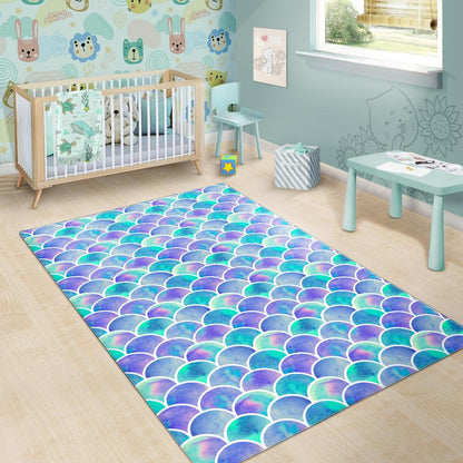 Sea Blue Mermaid Scales Pattern Print Area Rug GearFrost