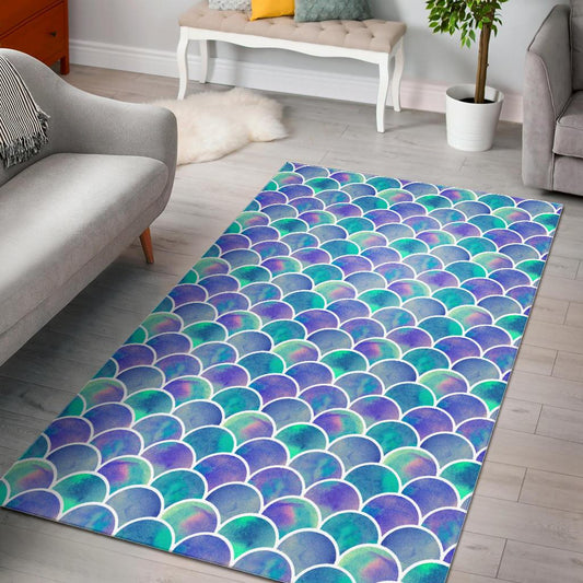 Sea Blue Mermaid Scales Pattern Print Area Rug GearFrost
