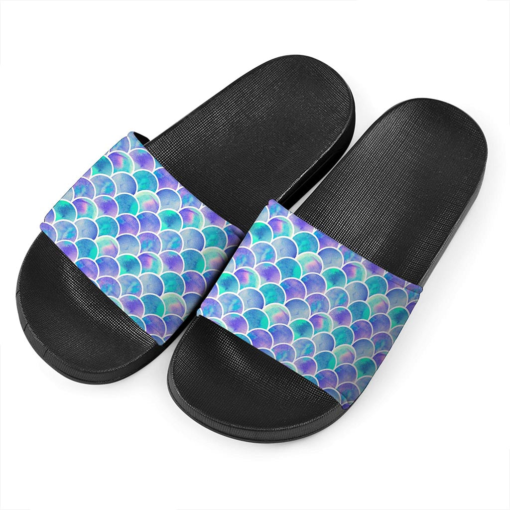 Sea Blue Mermaid Scales Pattern Print Black Slide Sandals