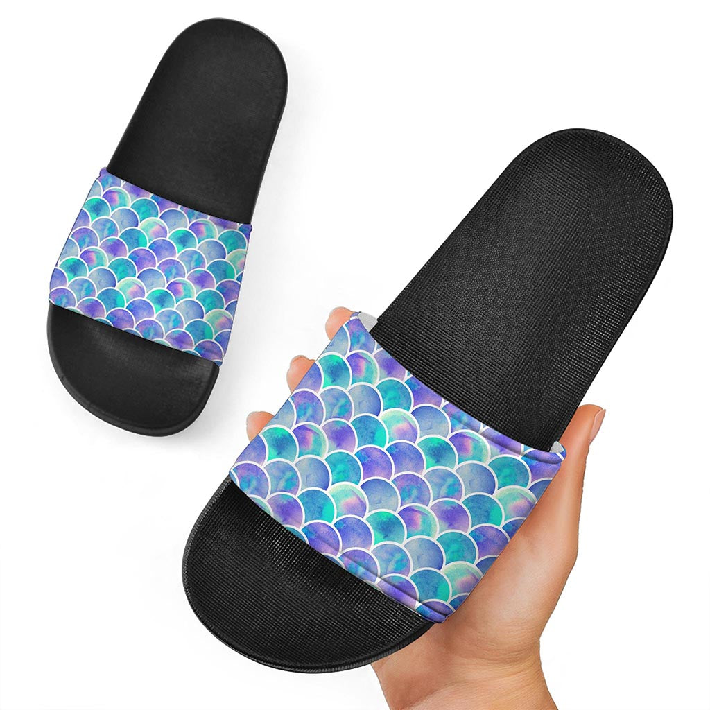 Sea Blue Mermaid Scales Pattern Print Black Slide Sandals