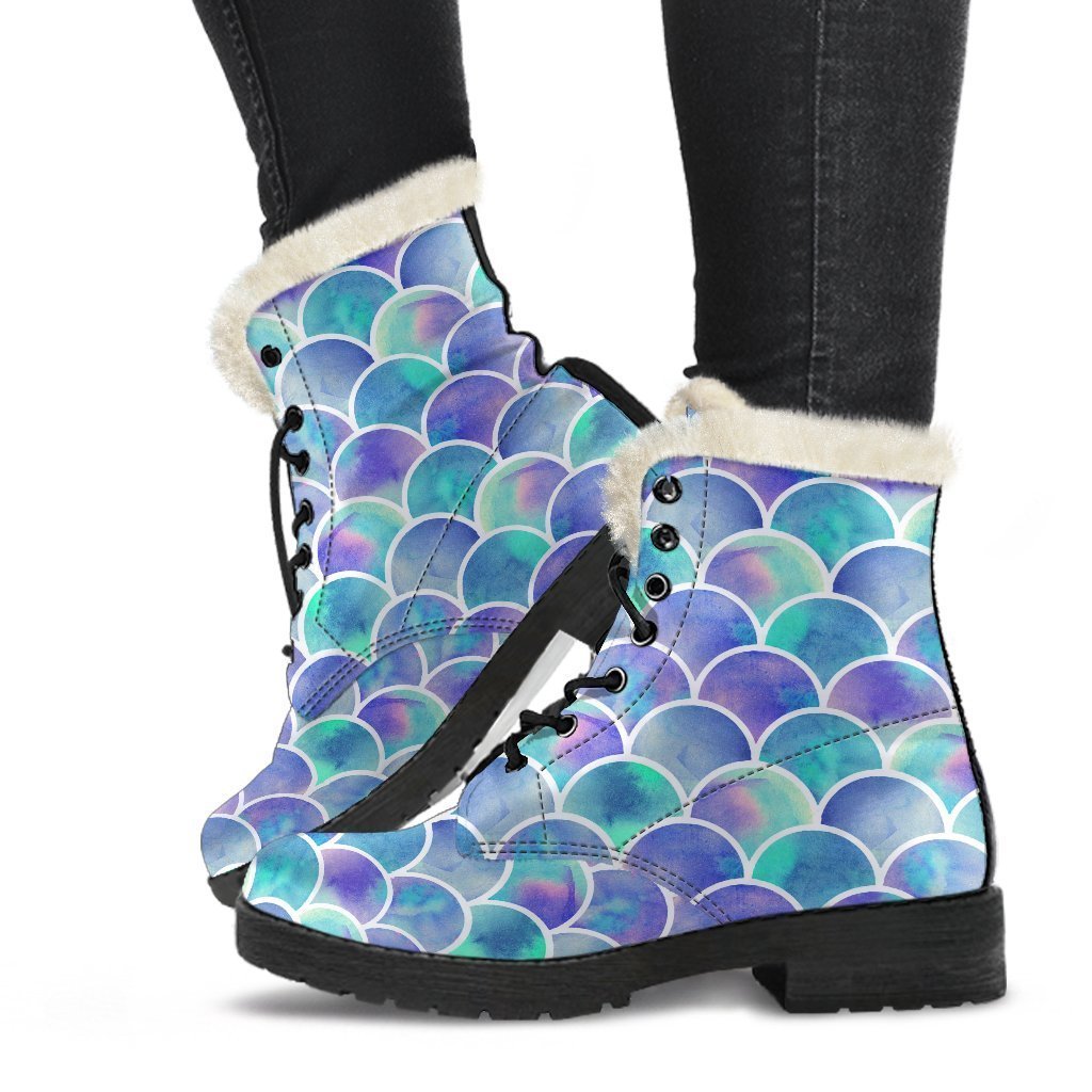Sea Blue Mermaid Scales Pattern Print Comfy Boots GearFrost