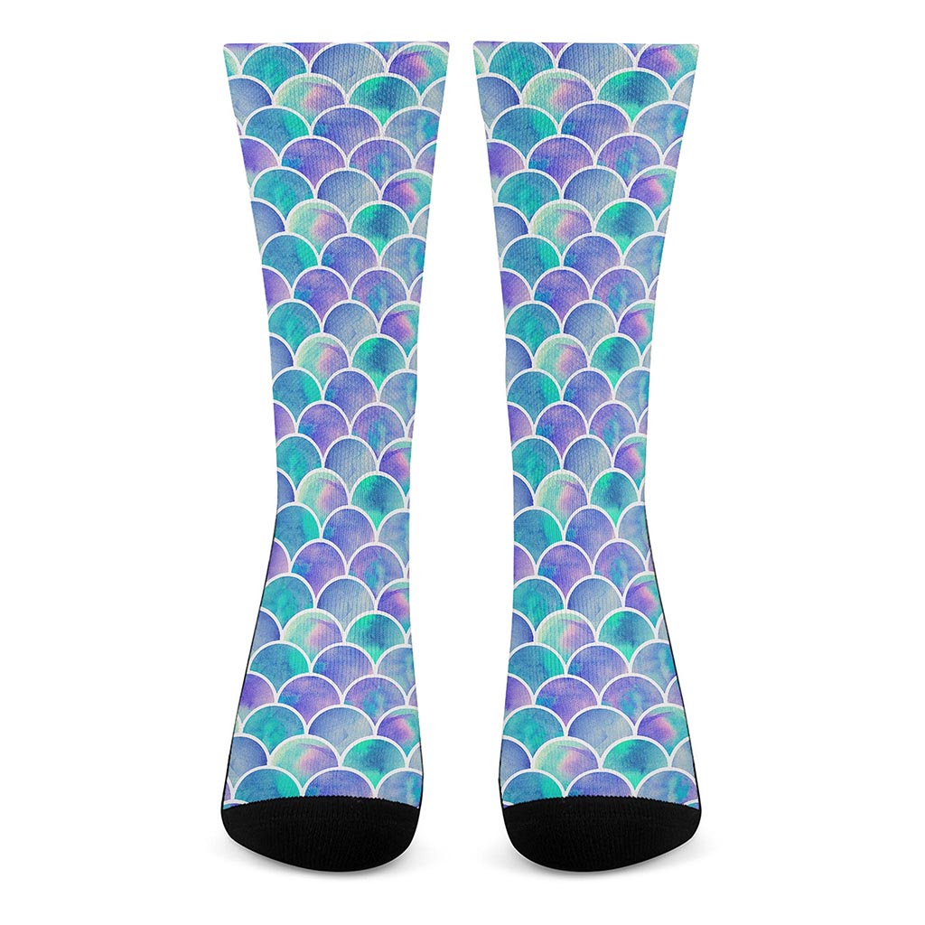 Sea Blue Mermaid Scales Pattern Print Crew Socks