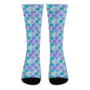 Sea Blue Mermaid Scales Pattern Print Crew Socks