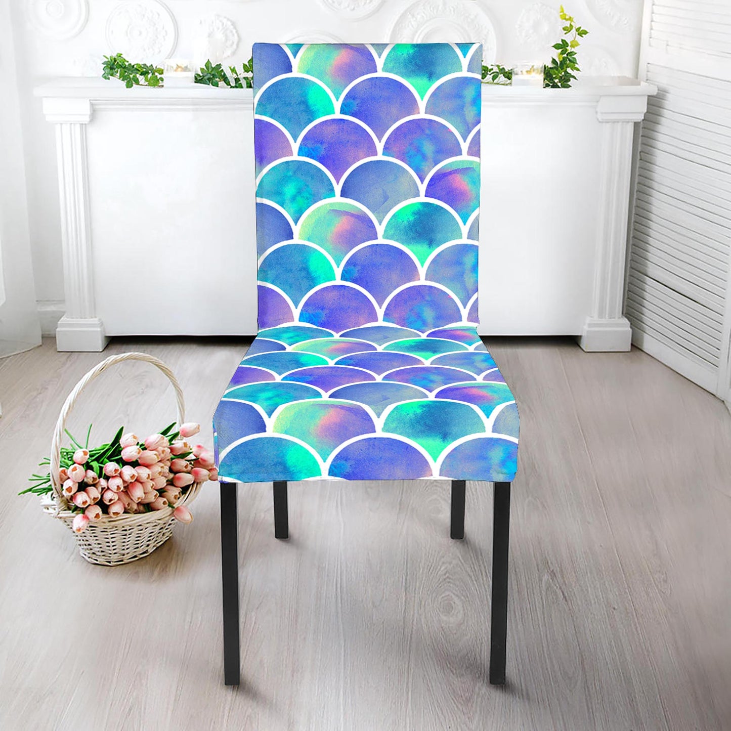 Sea Blue Mermaid Scales Pattern Print Dining Chair Slipcover