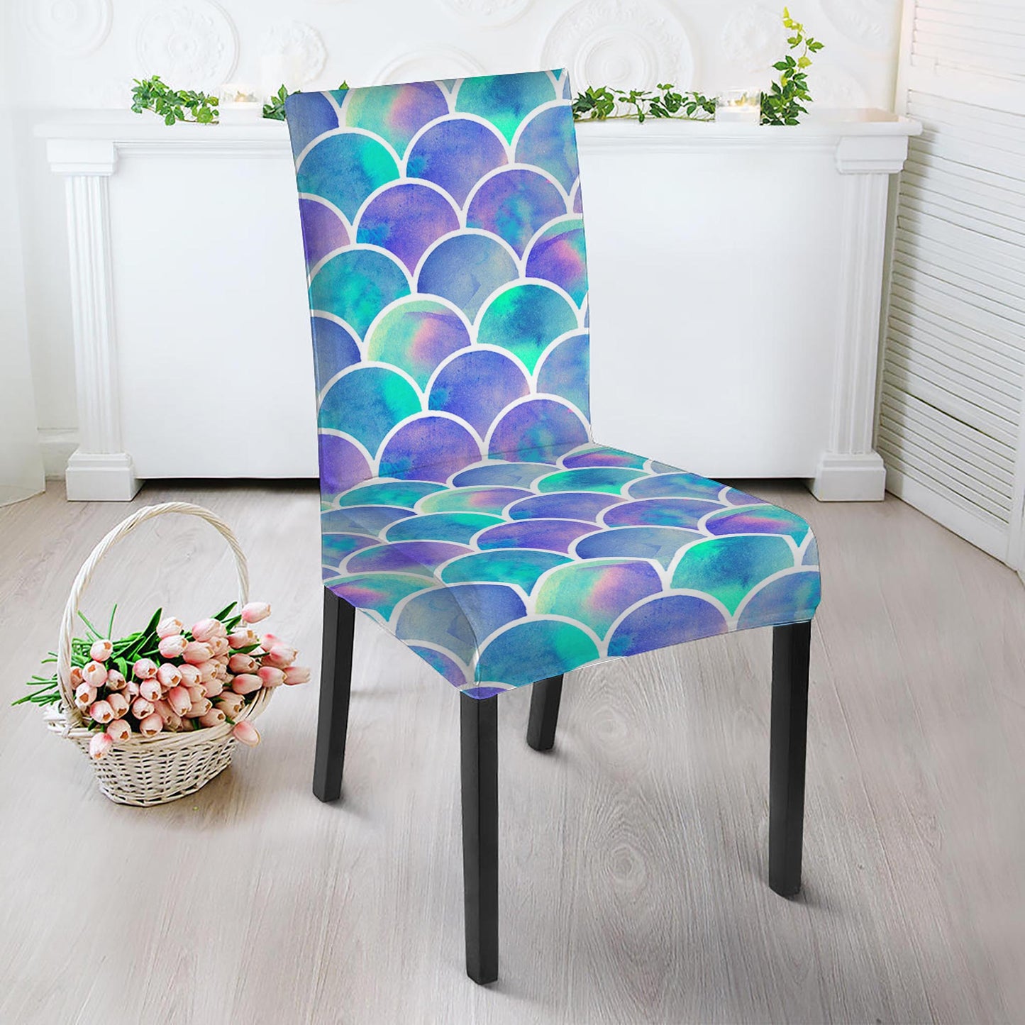 Sea Blue Mermaid Scales Pattern Print Dining Chair Slipcover