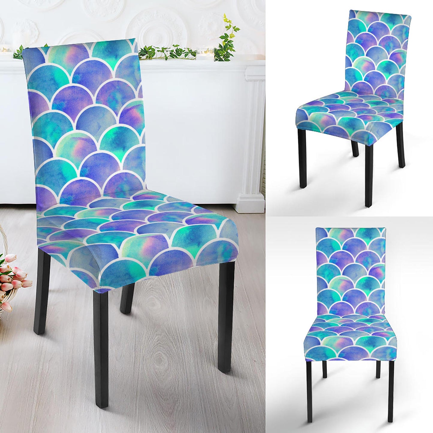 Sea Blue Mermaid Scales Pattern Print Dining Chair Slipcover