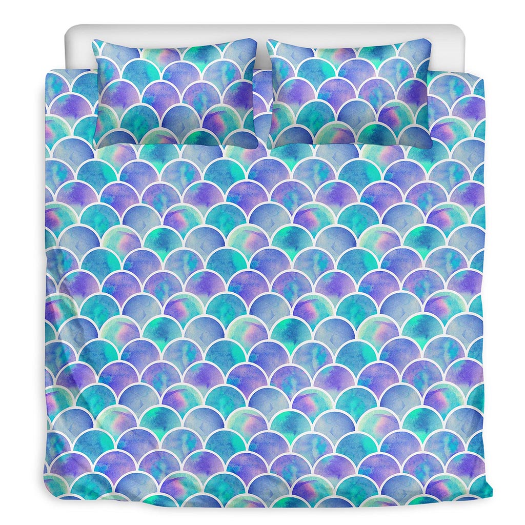 Sea Blue Mermaid Scales Pattern Print Duvet Cover Bedding Set