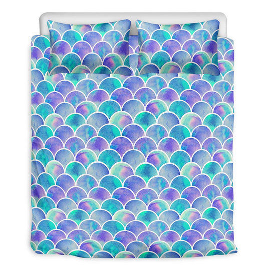 Sea Blue Mermaid Scales Pattern Print Duvet Cover Bedding Set