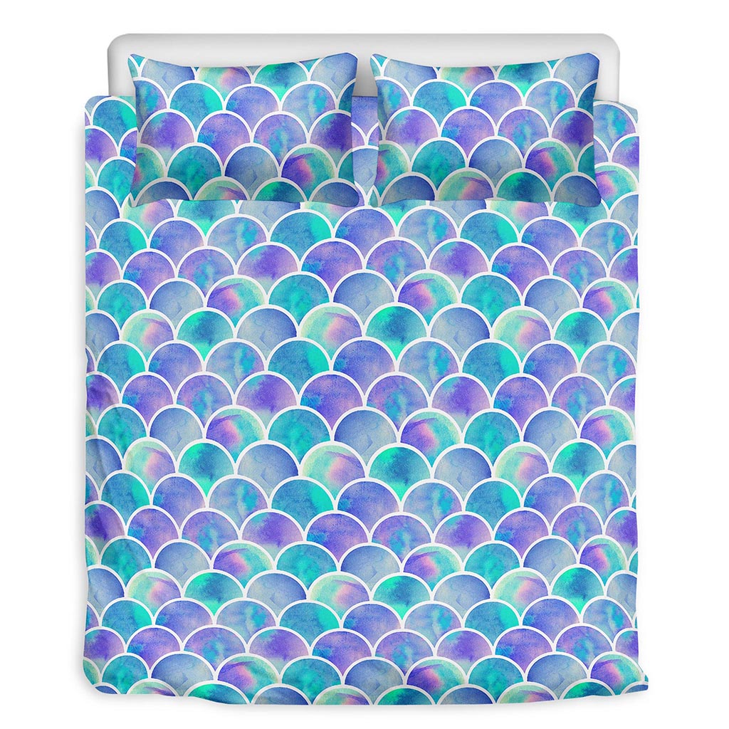 Sea Blue Mermaid Scales Pattern Print Duvet Cover Bedding Set
