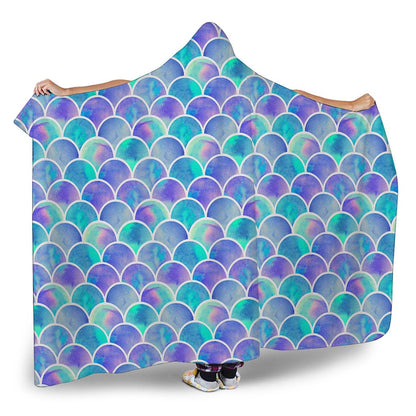 Sea Blue Mermaid Scales Pattern Print Hooded Blanket