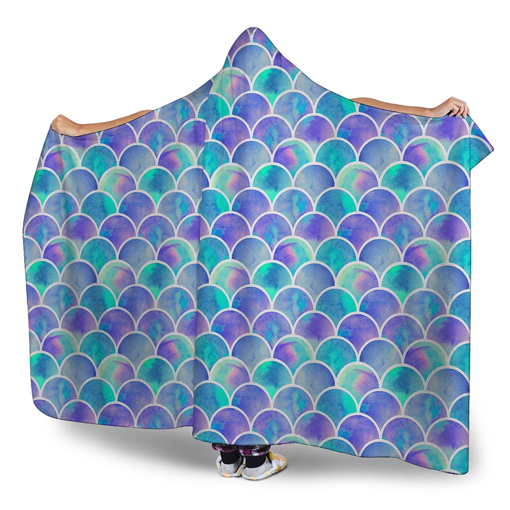 Sea Blue Mermaid Scales Pattern Print Hooded Blanket