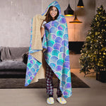 Sea Blue Mermaid Scales Pattern Print Hooded Blanket