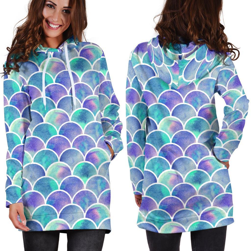 Sea Blue Mermaid Scales Pattern Print Hoodie Dress GearFrost
