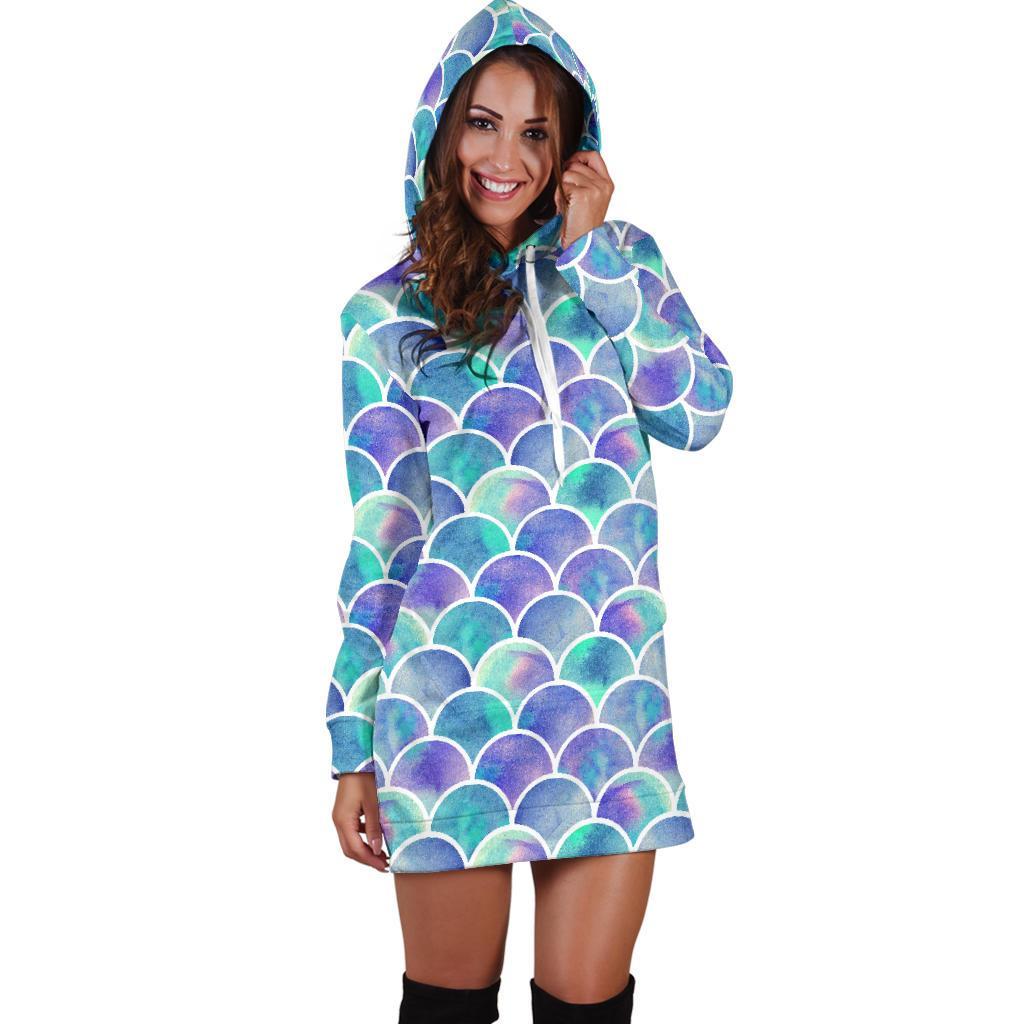 Sea Blue Mermaid Scales Pattern Print Hoodie Dress GearFrost
