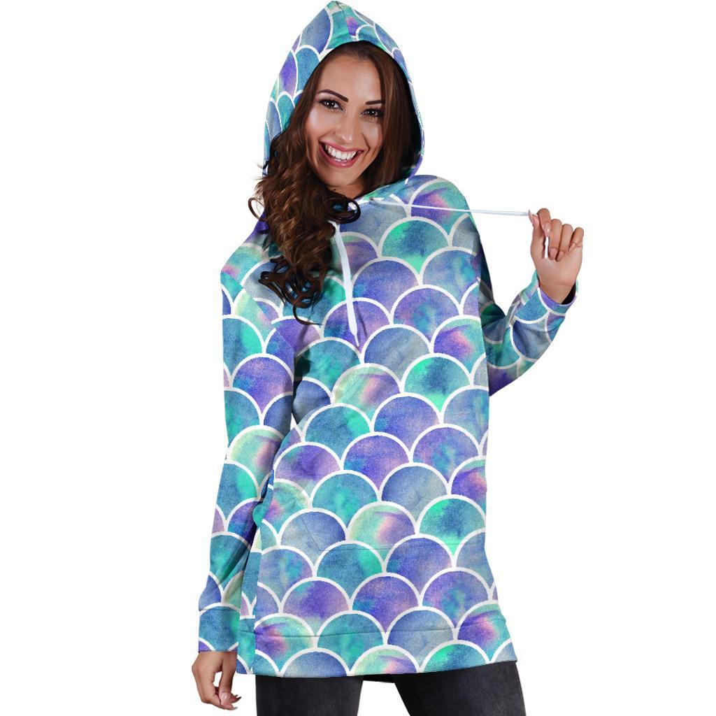 Sea Blue Mermaid Scales Pattern Print Hoodie Dress GearFrost