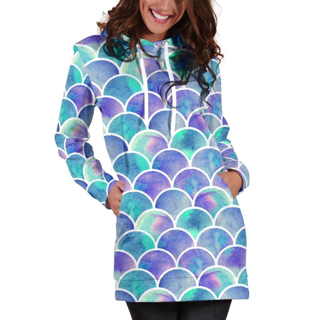 Sea Blue Mermaid Scales Pattern Print Hoodie Dress GearFrost
