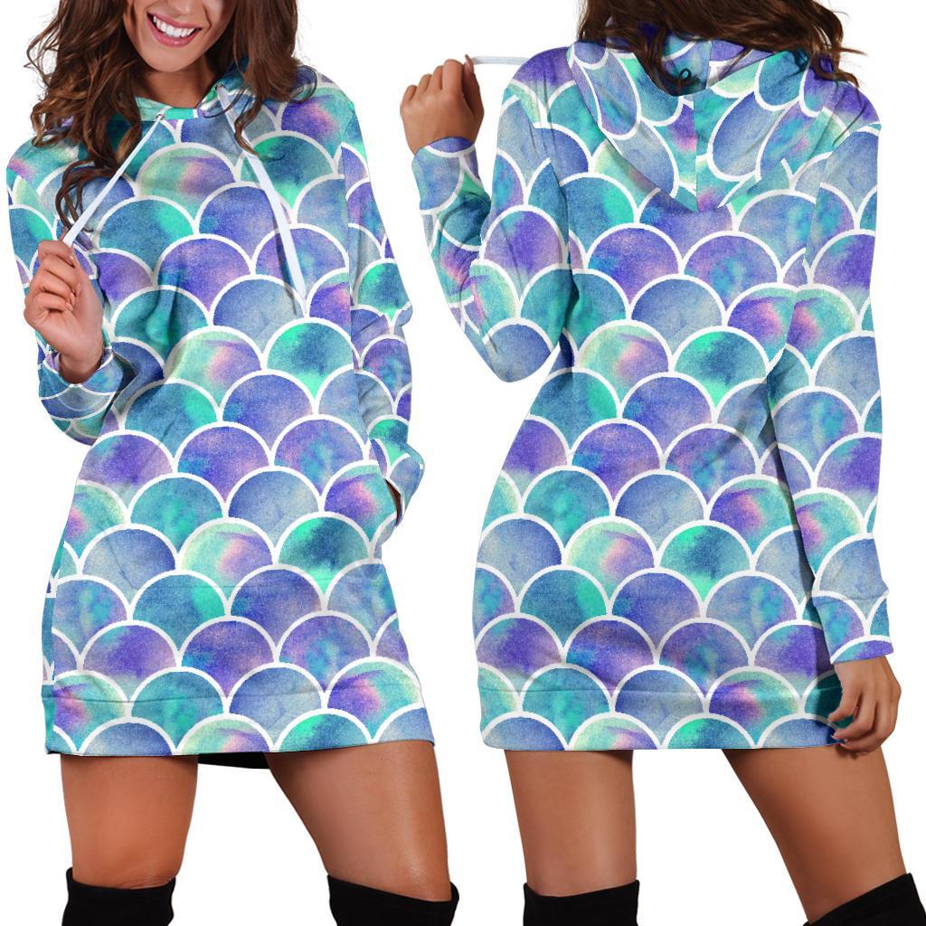 Sea Blue Mermaid Scales Pattern Print Hoodie Dress GearFrost