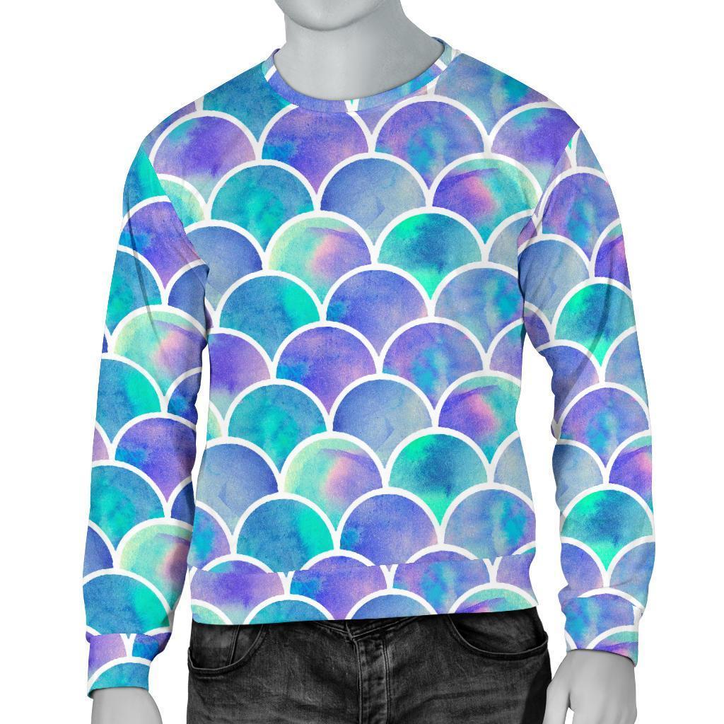 Sea Blue Mermaid Scales Pattern Print Men's Crewneck Sweatshirt GearFrost