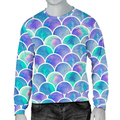 Sea Blue Mermaid Scales Pattern Print Men's Crewneck Sweatshirt GearFrost