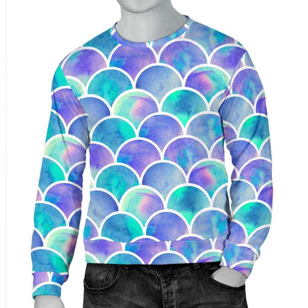 Sea Blue Mermaid Scales Pattern Print Men's Crewneck Sweatshirt GearFrost