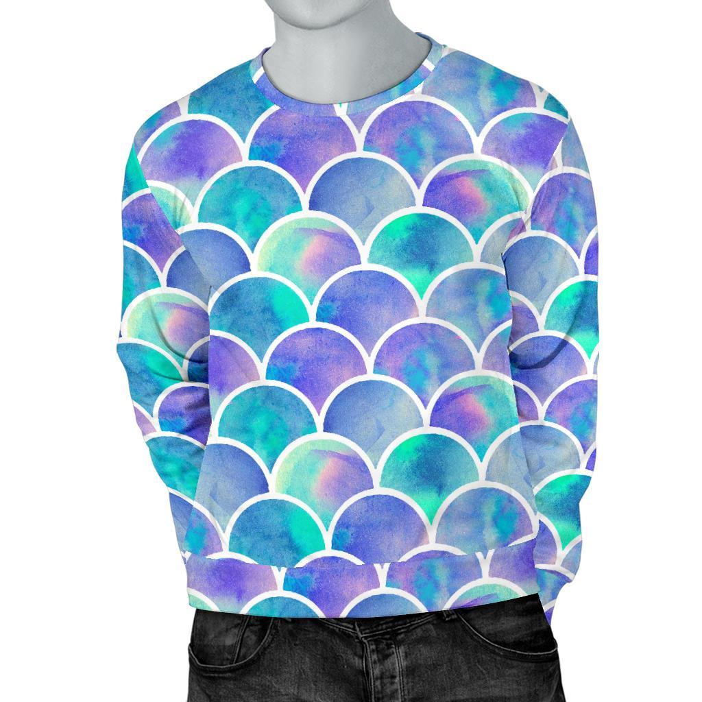 Sea Blue Mermaid Scales Pattern Print Men's Crewneck Sweatshirt GearFrost