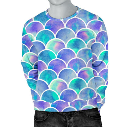Sea Blue Mermaid Scales Pattern Print Men's Crewneck Sweatshirt GearFrost