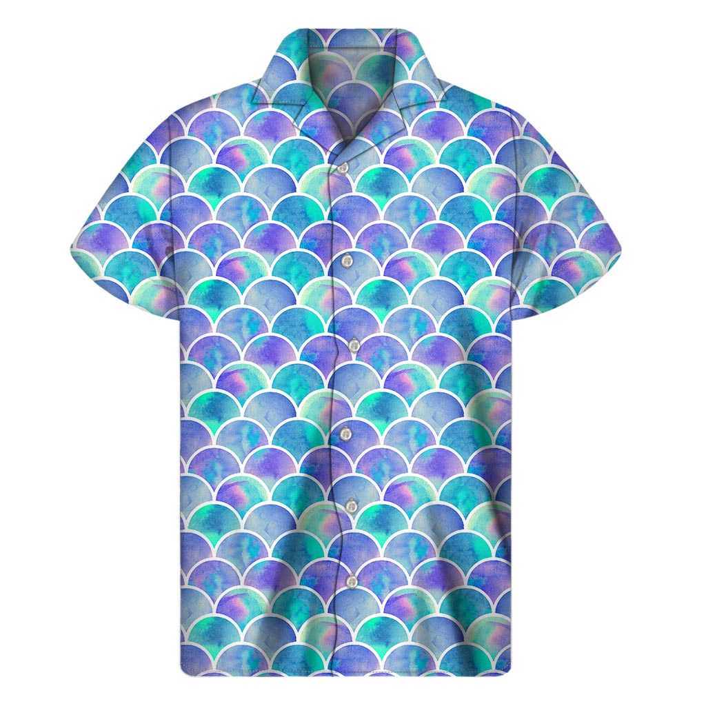 Sea Blue Mermaid Scales Pattern Print Men's Short Sleeve Shirt