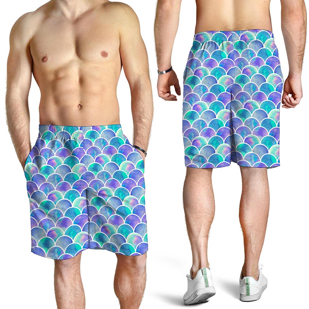 Sea Blue Mermaid Scales Pattern Print Men's Shorts