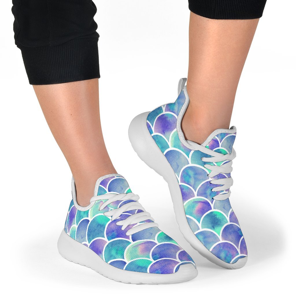 Sea Blue Mermaid Scales Pattern Print Mesh Knit Shoes GearFrost