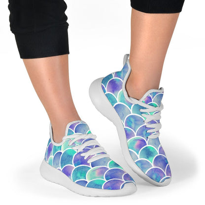 Sea Blue Mermaid Scales Pattern Print Mesh Knit Shoes GearFrost