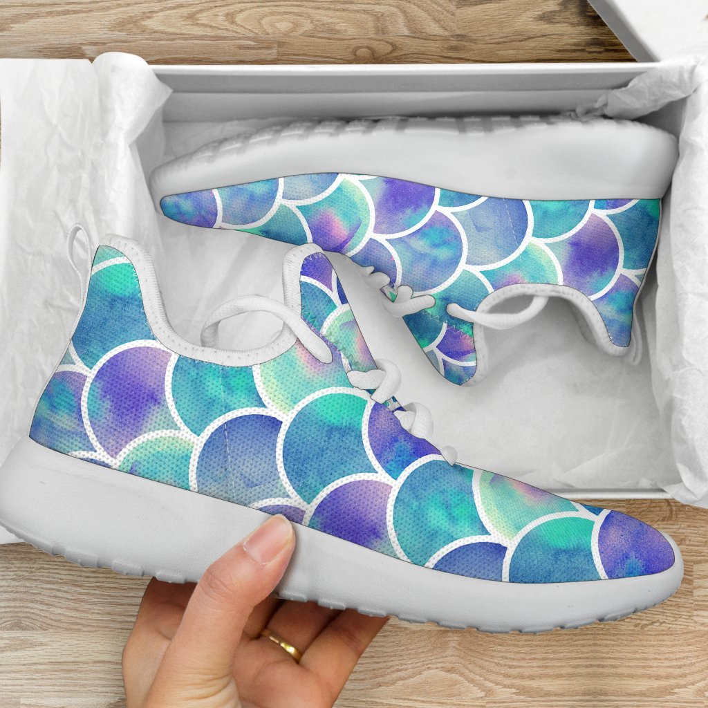 Sea Blue Mermaid Scales Pattern Print Mesh Knit Shoes GearFrost