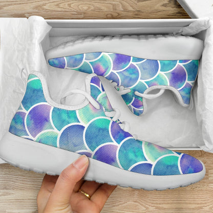 Sea Blue Mermaid Scales Pattern Print Mesh Knit Shoes GearFrost