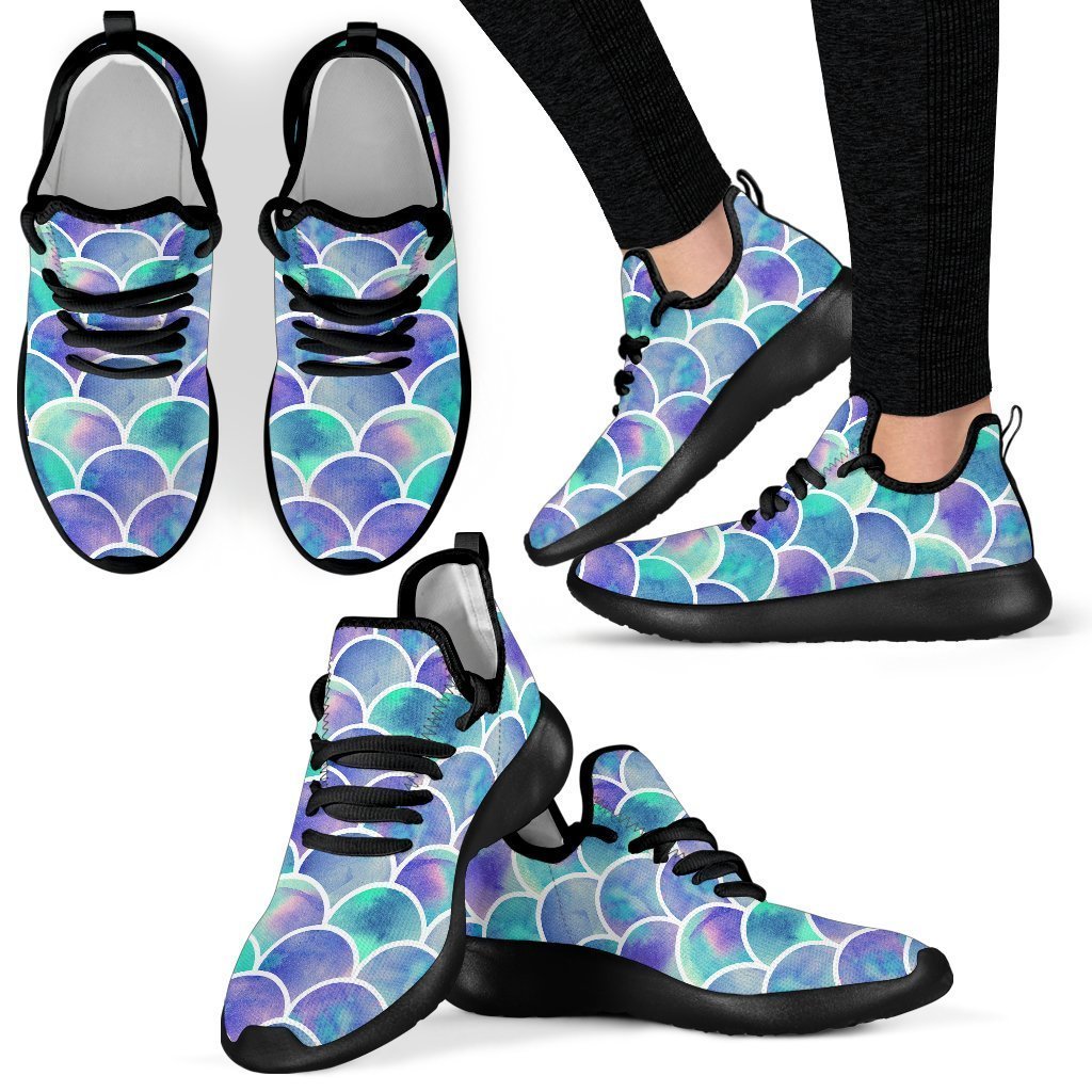 Sea Blue Mermaid Scales Pattern Print Mesh Knit Shoes GearFrost