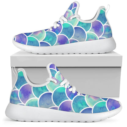 Sea Blue Mermaid Scales Pattern Print Mesh Knit Shoes GearFrost