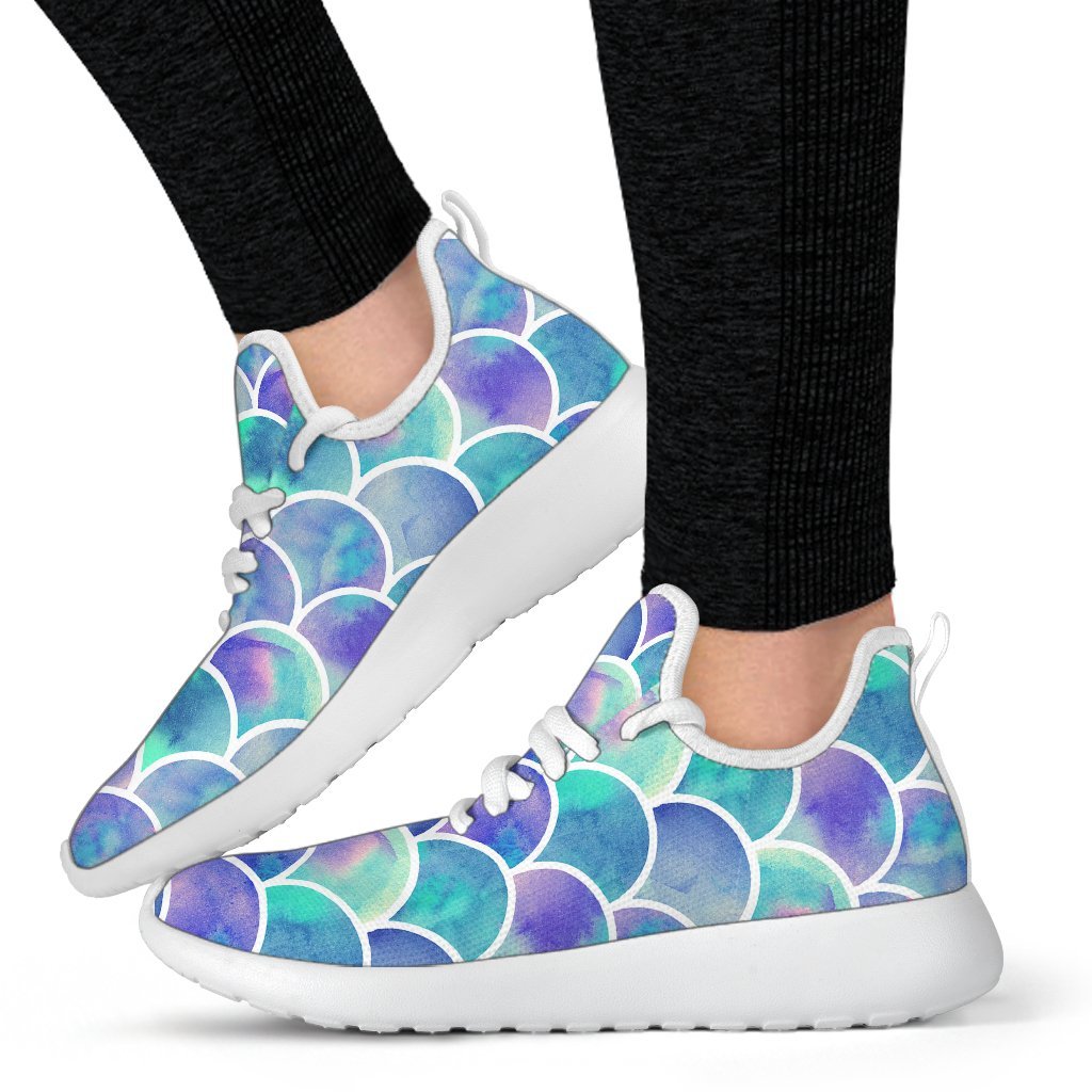 Sea Blue Mermaid Scales Pattern Print Mesh Knit Shoes GearFrost