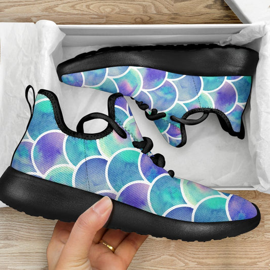 Sea Blue Mermaid Scales Pattern Print Mesh Knit Shoes GearFrost